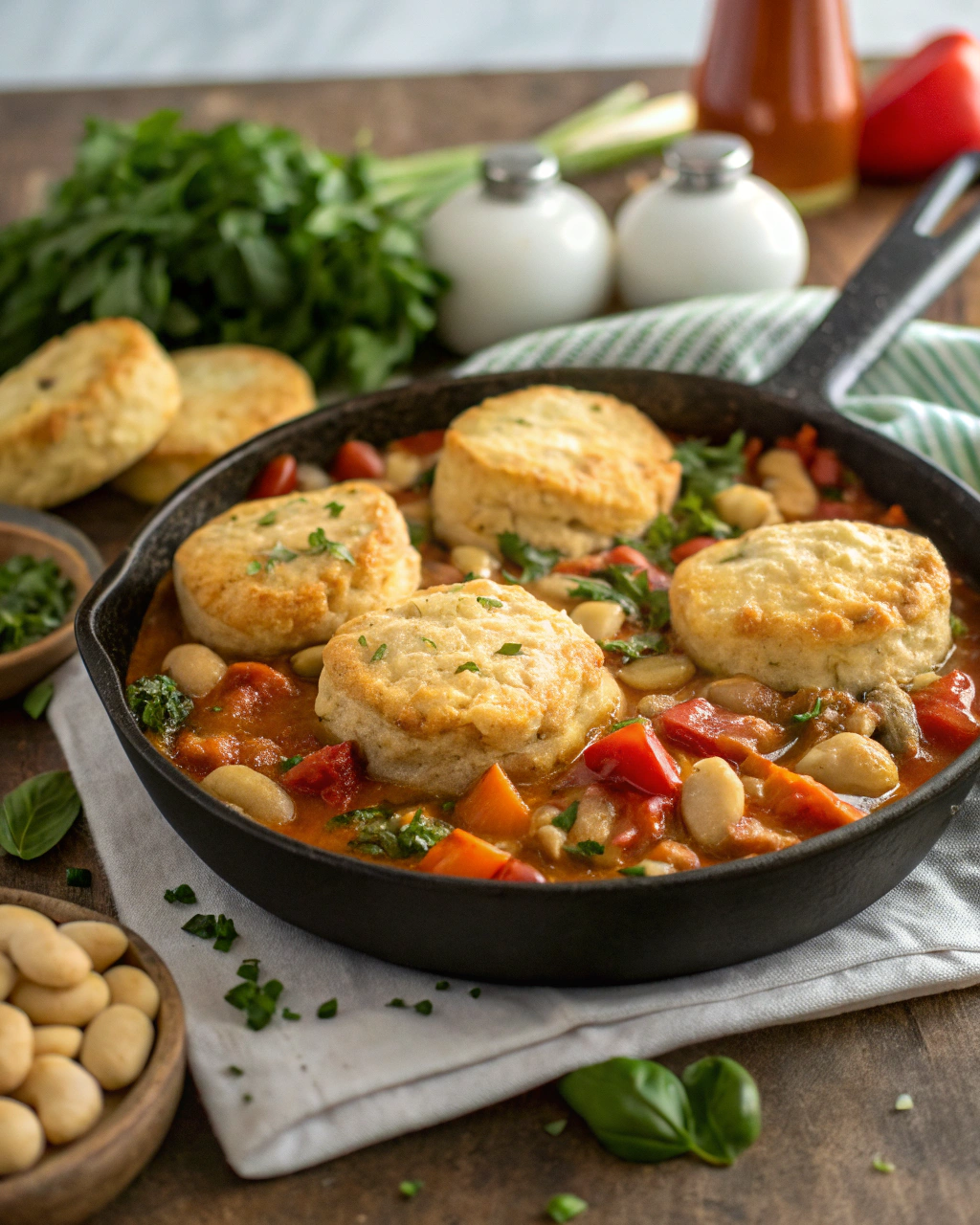 Fresh ingredients for Italian Chicken Cobbler with Cannellini Beans and Parmesan Biscuits including chicken thighs, cannellini beans, vegetables, and biscuit ingredients
