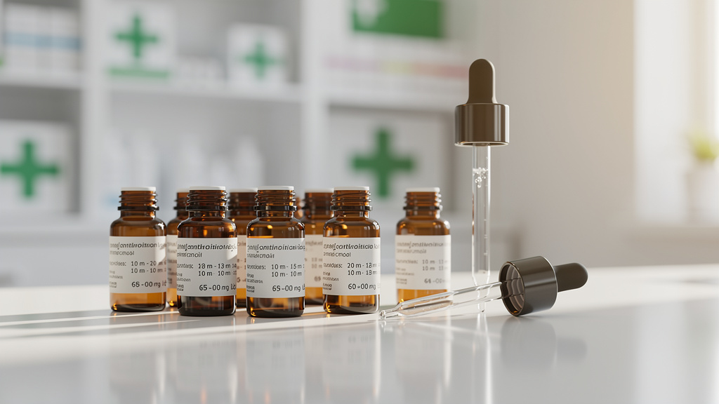 Medical cannabis oil bottles and dropper on pharmacy counter