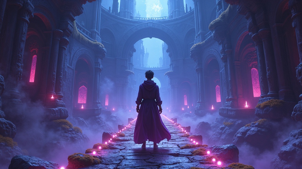 Iris, la compañera de aventura en el JRPG VR RUINSMAGUS, en un entorno de la ciudad