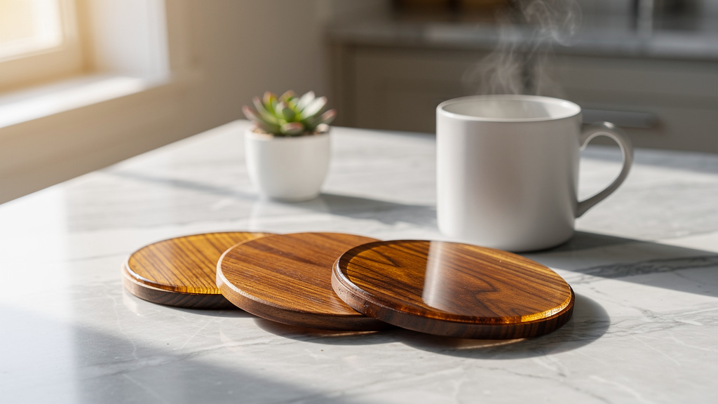 Handmade wood circle coasters in modern kitchen
