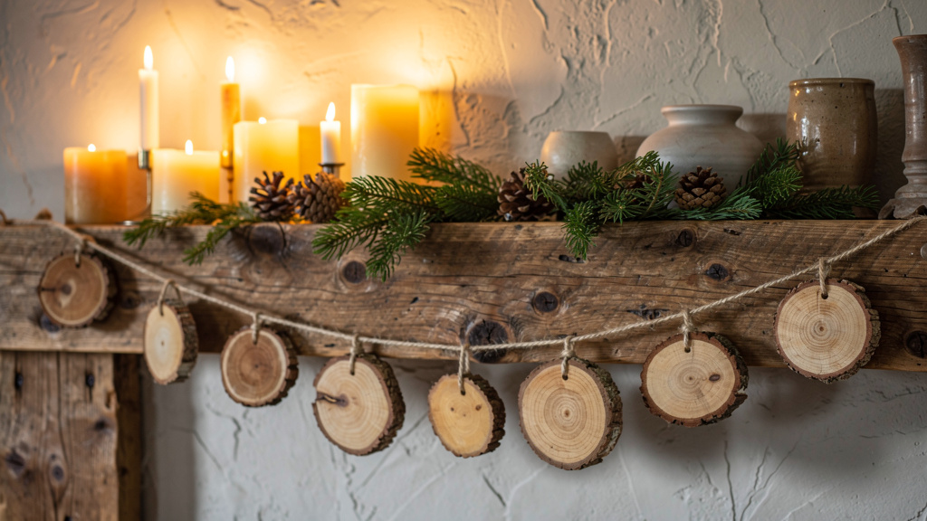 Wood circle Christmas garland on farmhouse mantel