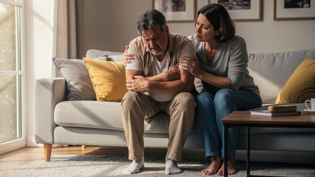 Person experiencing typical heart attack warning signs at home