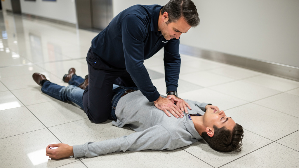 Bystander performing CPR on unconscious cardiac arrest victim