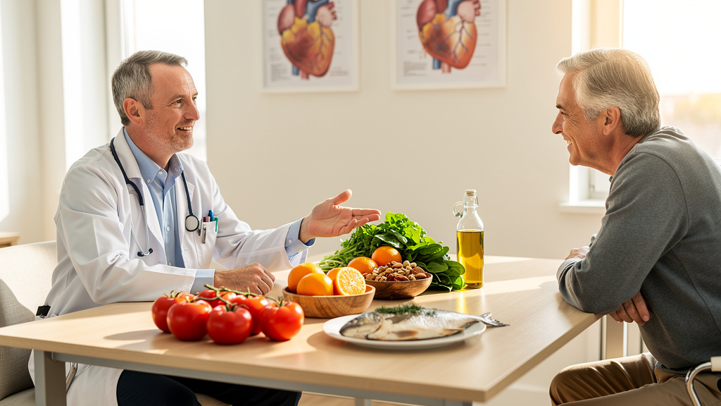 Cardiologist discussing heart-healthy nutrition and lifestyle changes with patient