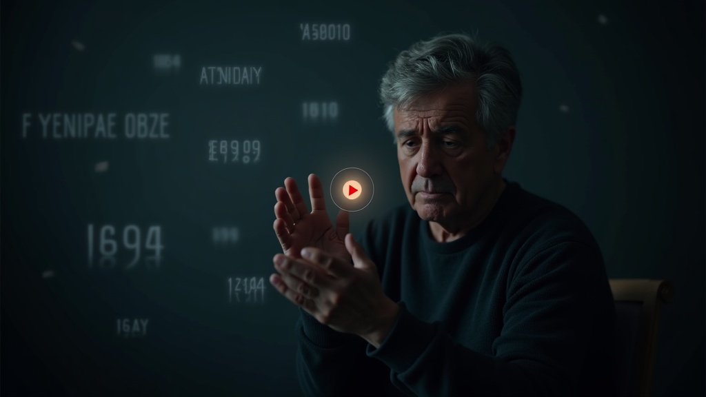 a somber scene depicting a middle aged person sitting with a distressed expression, holding their head as if trying to recall something, surrounded by faint blurred symbols representing memory loss like dates and names fading away, a small circular inset on the image highlighting a glowing synapse with a dimmed connection to symbolize the brain communication problem, no text on image, no logos, a small centered YouTube style play button in red with white triangle, balanced subtle marketing colors, hyper detailed, no special characters in image
