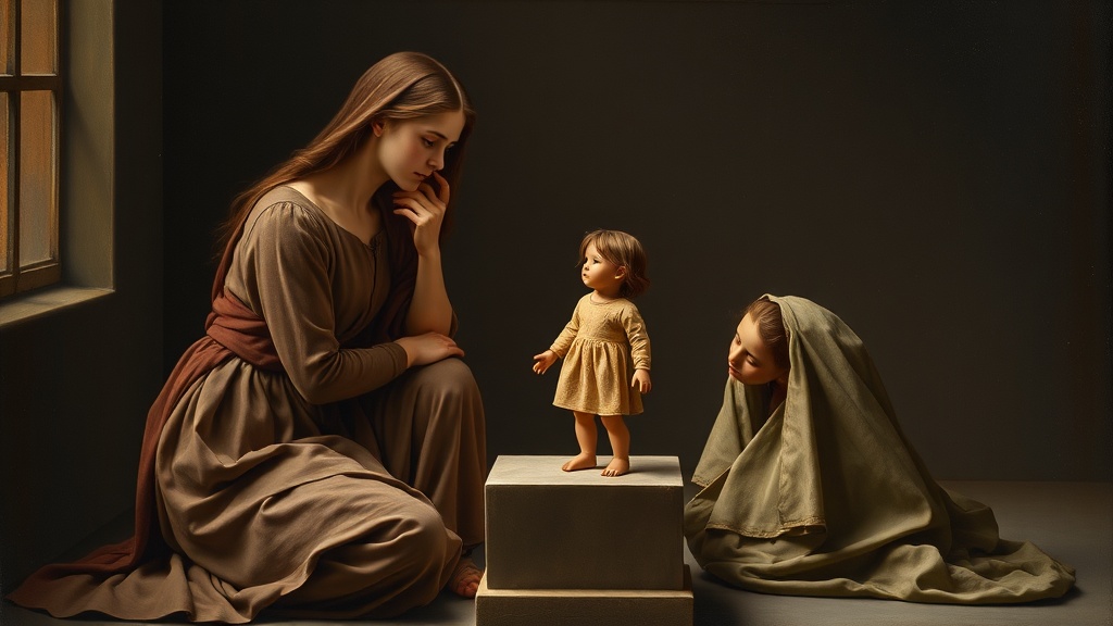 A contemplative tableau of an older and younger self with a doll between them