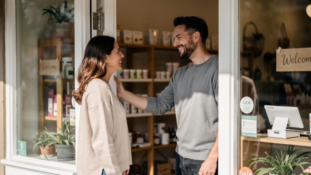 Business owner greeting regular customer warmly