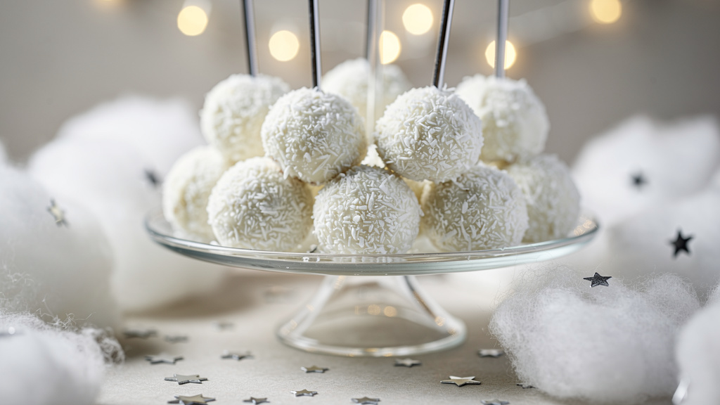 Coconut snow cake balls on tiered stand