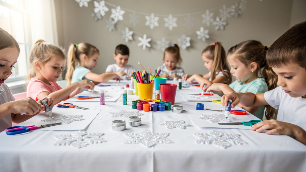 Children doing snowflake crafts at party