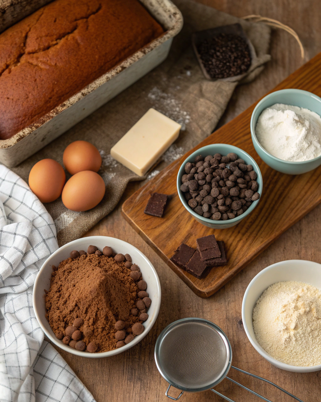 Quick homemade chocolate bread ingredients arranged artistically on marble surface with measuring cups and cocoa powder