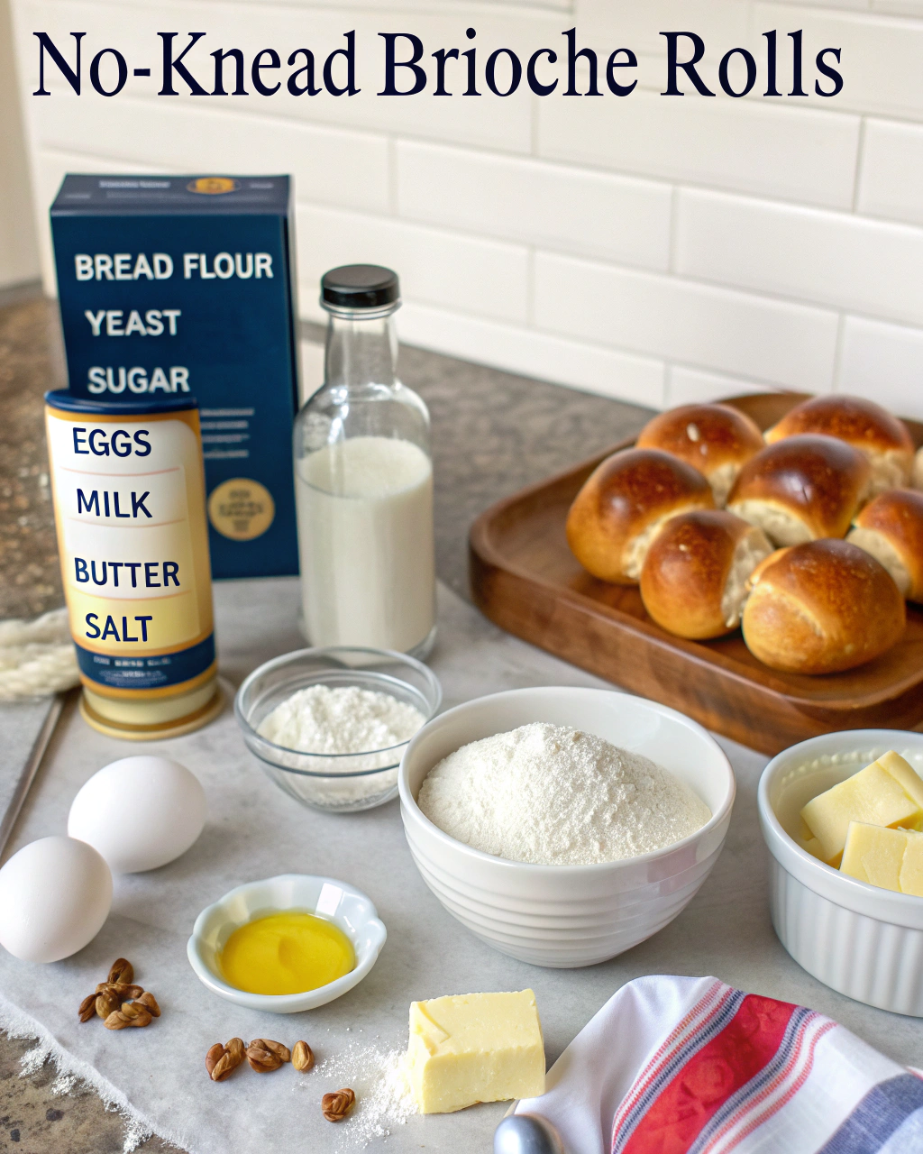 Ingredients for Easy No-Knead Brioche Rolls That Melt in Your Mouth arranged on marble surface