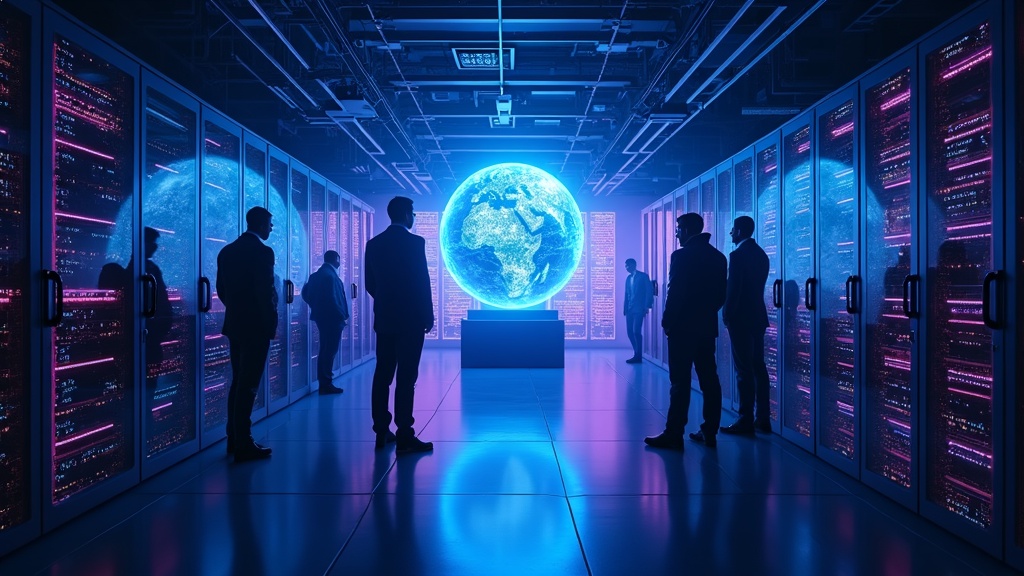 Representación artística de la red global de chips de IA y el caso Megaspeed