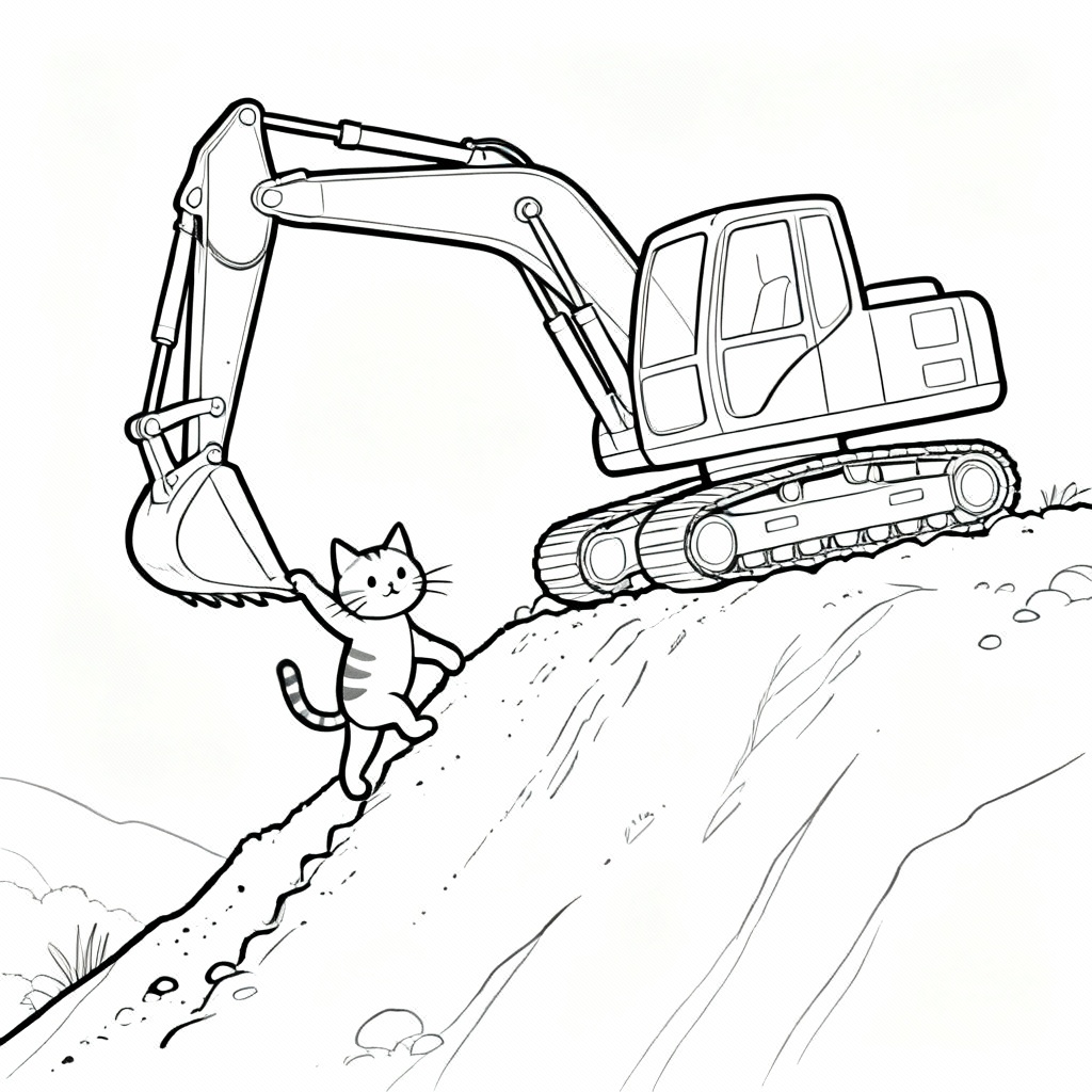 Excavator Cat Coloring Page