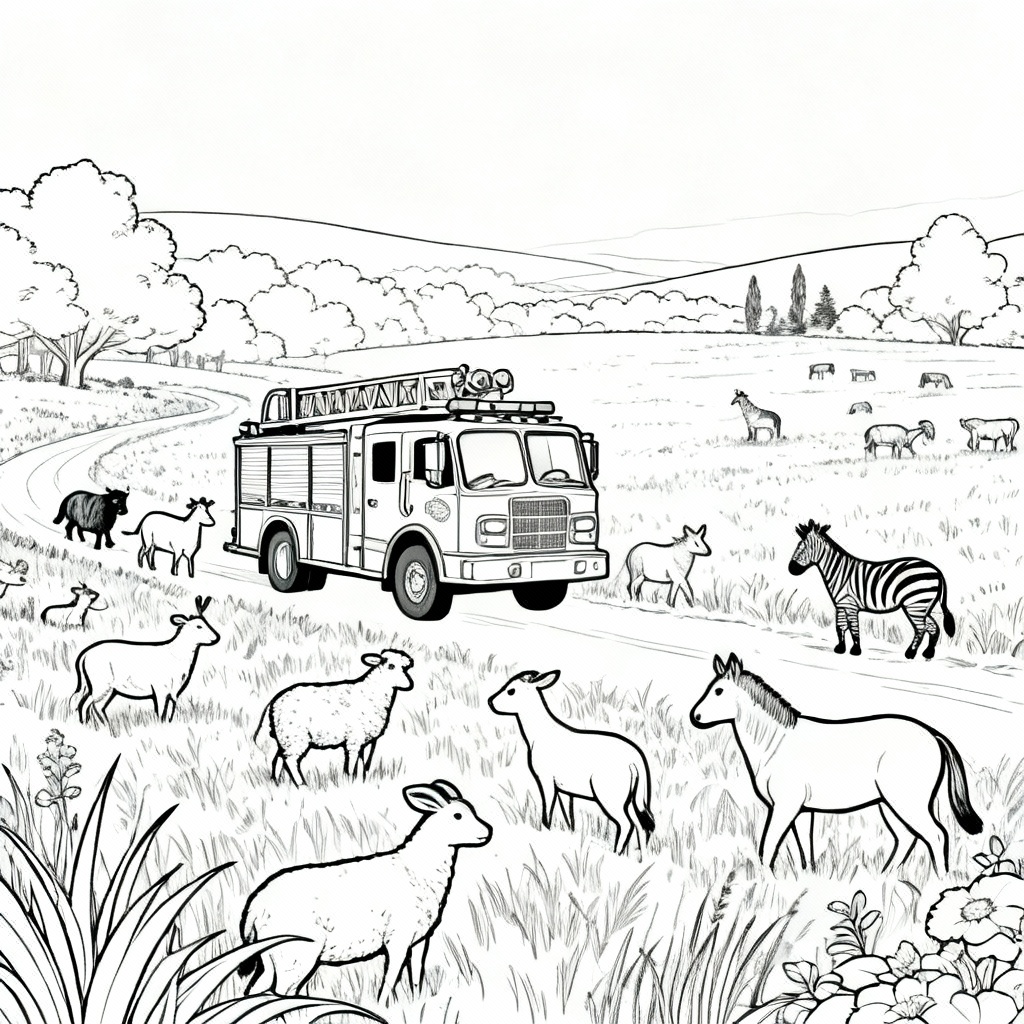 Fire Truck Meadow Coloring Page