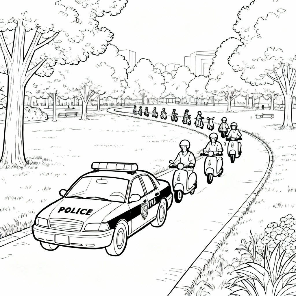 Scooter Parade Police Car Coloring Page