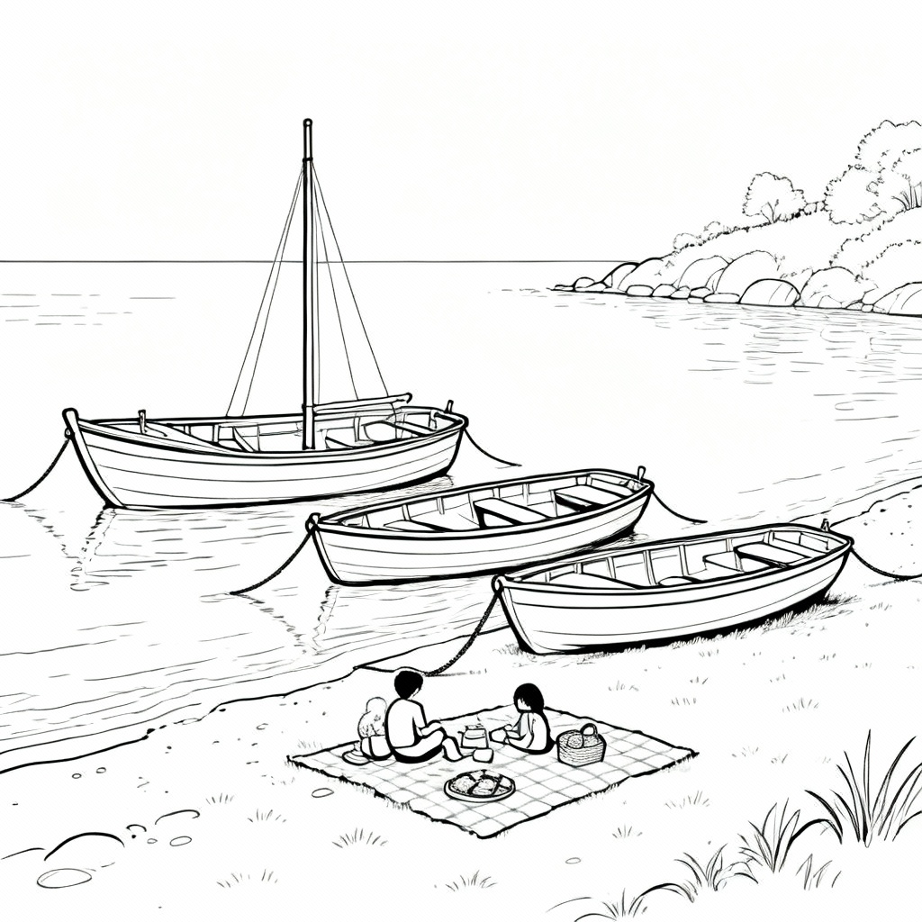 Boat Picnic Coloring Page