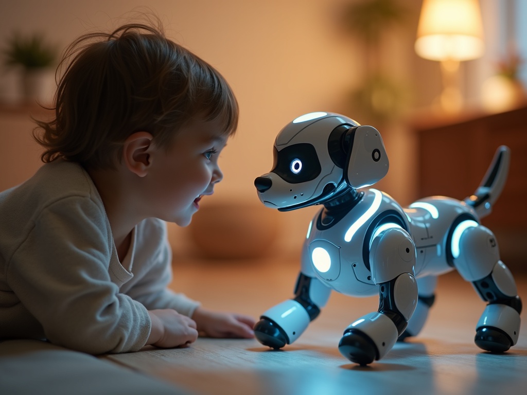 PRANITE Perro Robot jugando con un niño en el salón