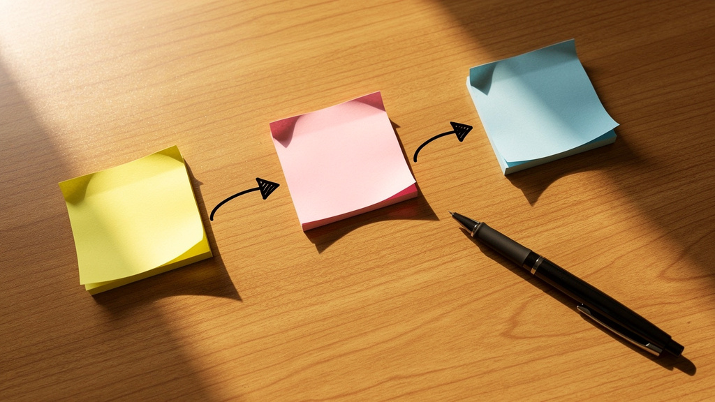 Sticky notes showing workflow steps and process