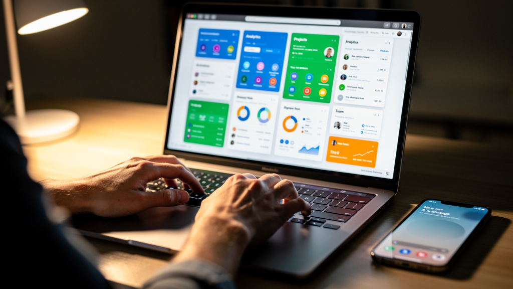 Hands working on laptop connecting multiple apps