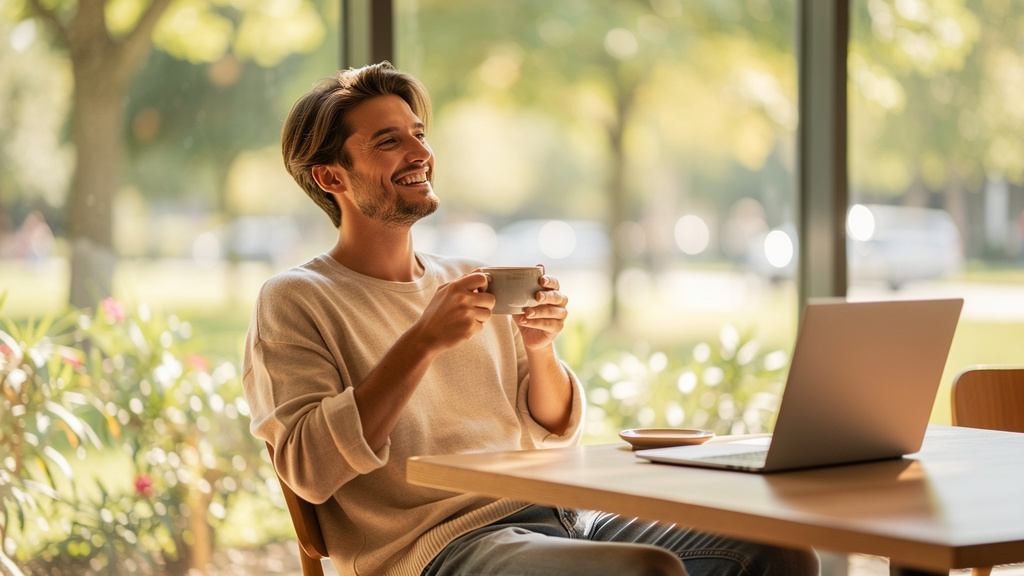 Happy entrepreneur relaxing at cafe with coffee
