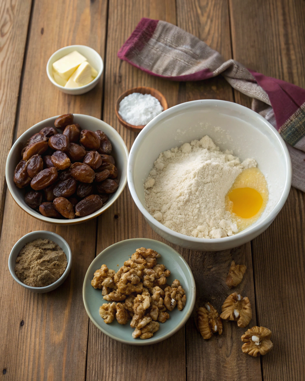 Fresh ingredients for irresistible date nut bread including chopped dates, walnuts, flour, and eggs arranged on a wooden cutting board