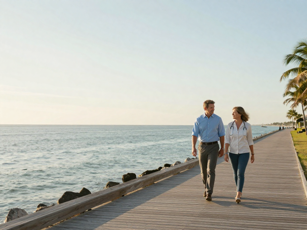 People walking comfortably along a waterfront boardwalk in Stuart, Florida