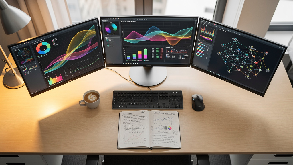 Security analyst workstation with multiple monitoring displays and data visualizations