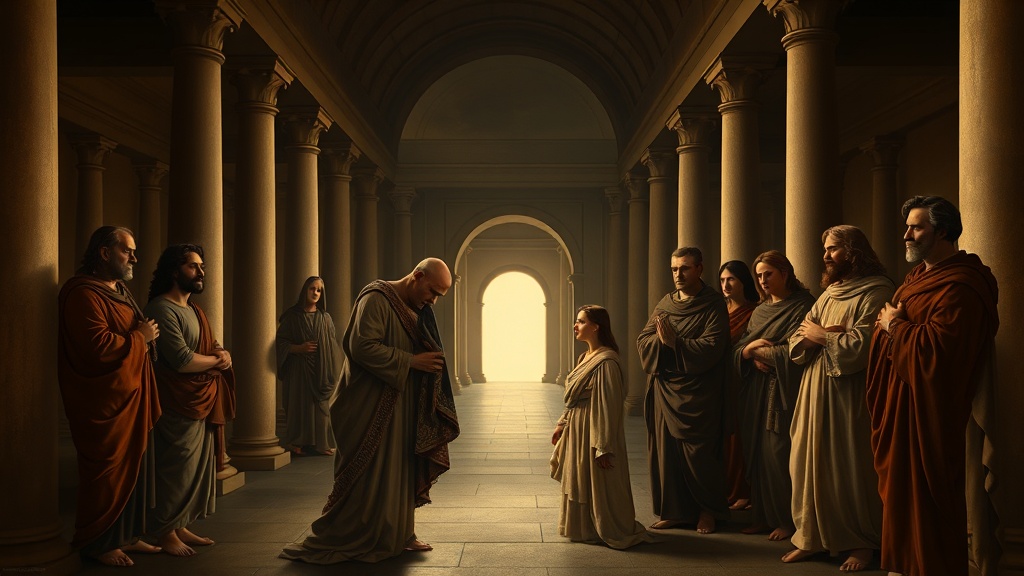 A contemplative, allegorical scene of leaving worldly acclaim and embracing inner joy