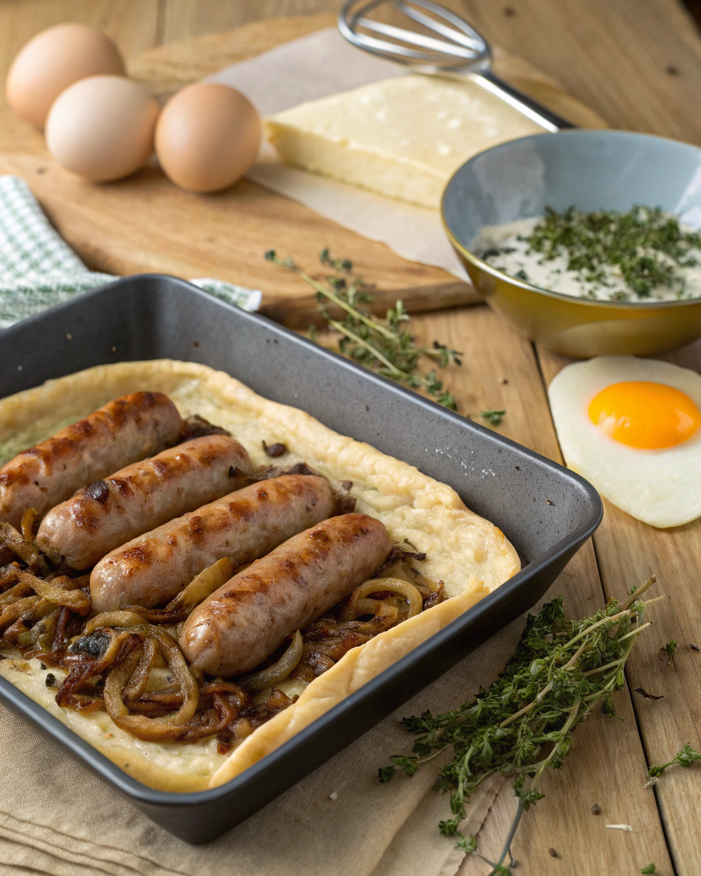 Fresh Cumberland sausages, puff pastry, and aromatic vegetables arranged for Hairy Bikers Cumberland Sausage Pie preparation