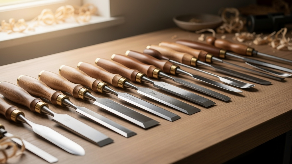 Professional woodturning chisels and gouges on workbench