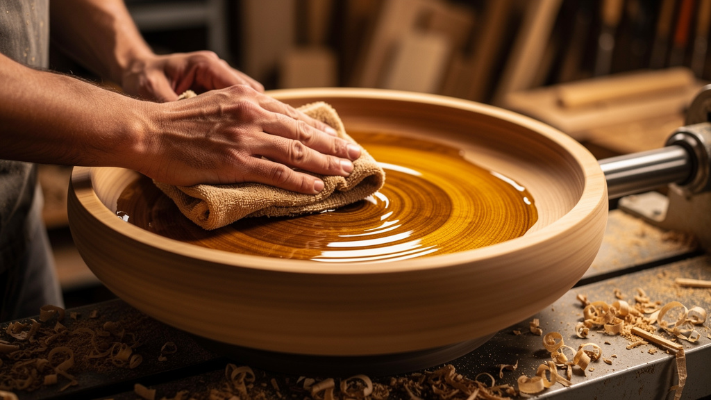 Applying oil finish to wooden bowl on lathe