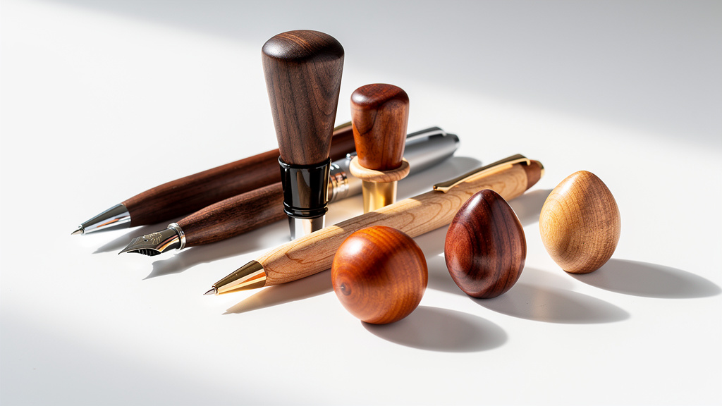 Small wooden turned items including pens and stoppers