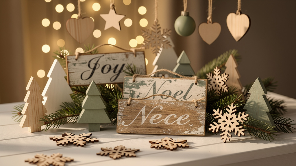 Weihnachtliche Holzdekoration und Ornamente