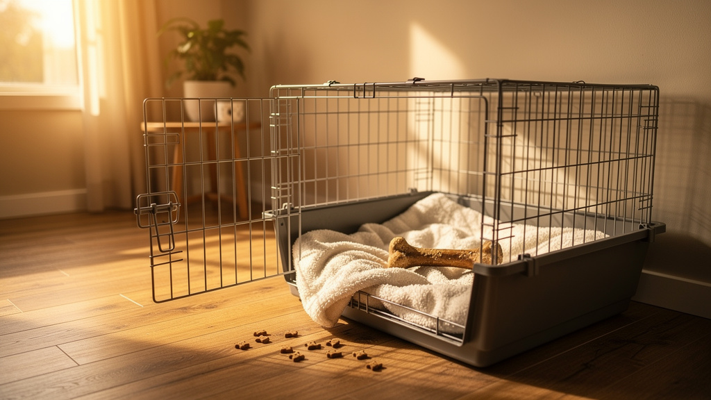 Open pet crate with bedding and toys