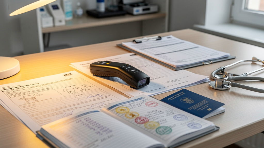 Veterinary health documents and microchip scanner on desk