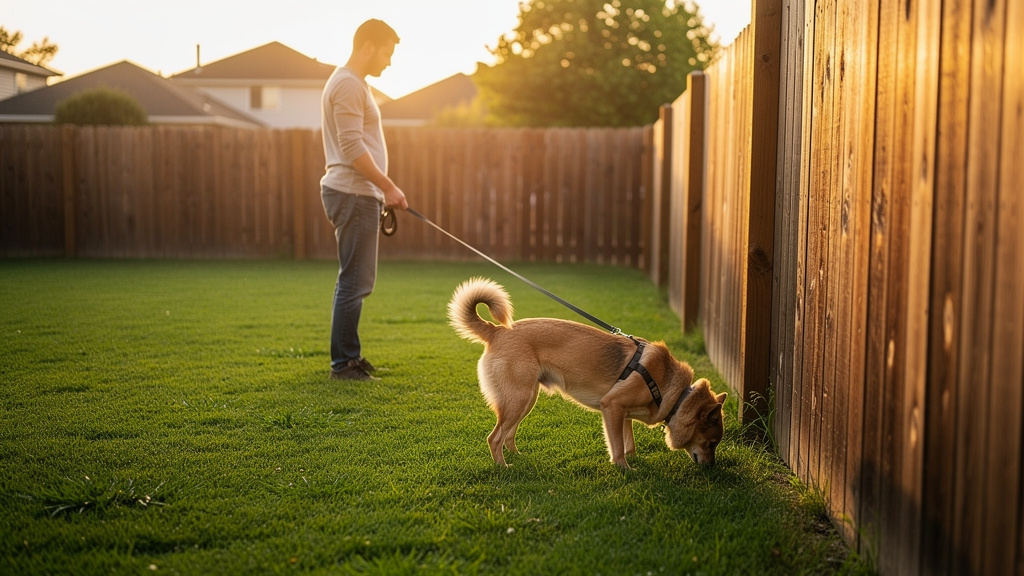 Dog on leash exploring new fenced yard with owner