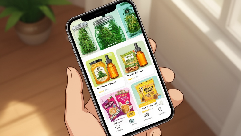 Mobile phone displaying online cannabis product catalogue