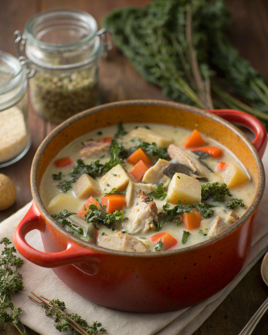 Fresh ingredients for leftover chicken and potato soup including diced vegetables, potatoes, and seasonings arranged on a wooden cutting board