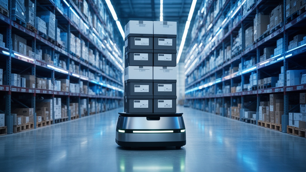 Autonomous warehouse robot transporting inventory in modern facility