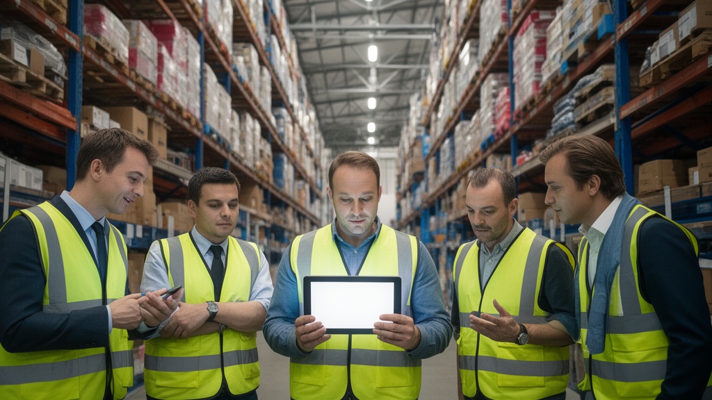 Warehouse team collaborating during inventory system implementation