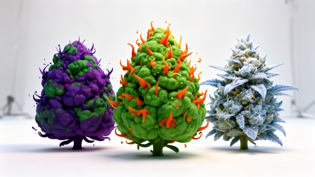 Three different cannabis flower varieties with distinct colours