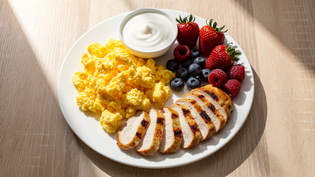Nutritious high-protein breakfast with eggs and yogurt
