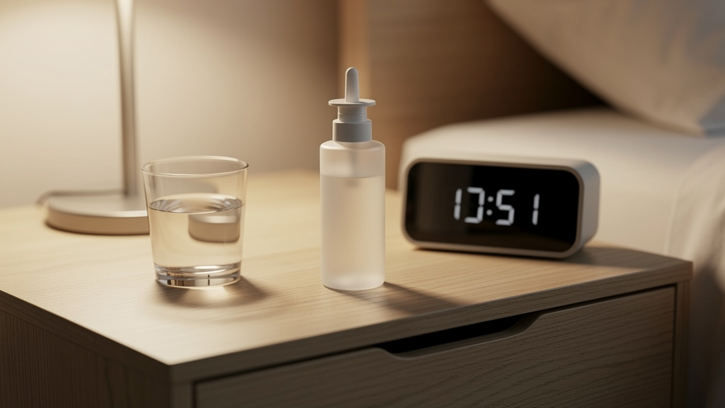 Nasal spray supplement on nightstand for sleep support