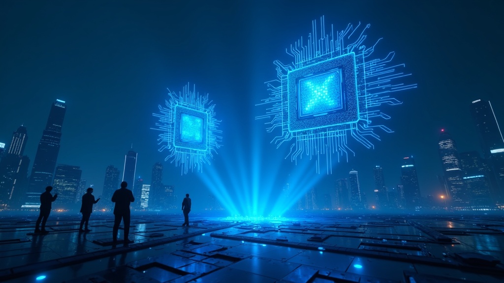 Chips de NVIDIA junto a un GroqChip™ en un entorno de centro de datos futurista