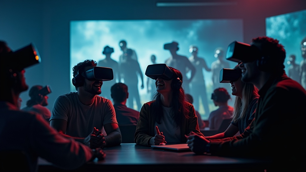 Grupo de amigos disfrutando una experiencia de realidad virtual en Virtua Barcelona