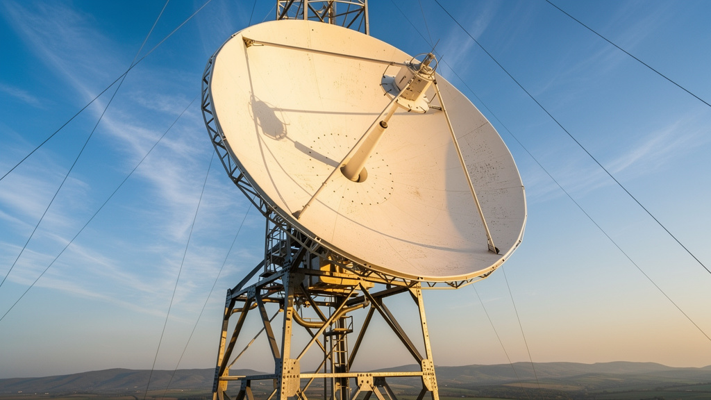 Satellite dish on transmission tower for DVB-S2