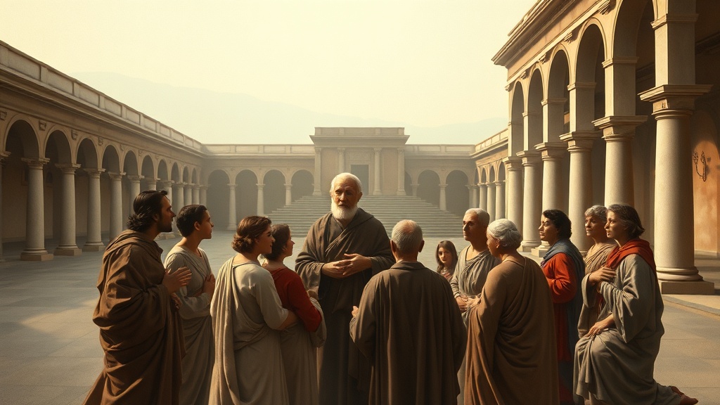 A contemplative courtyard with elders and younger listeners