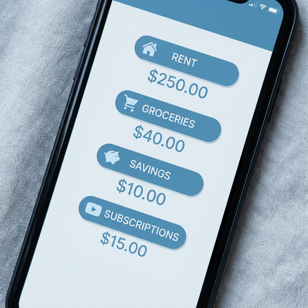 Photorealistic close-up of labeled envelopes or digital budget categories on a smartphone screen, modern minimal style, co...