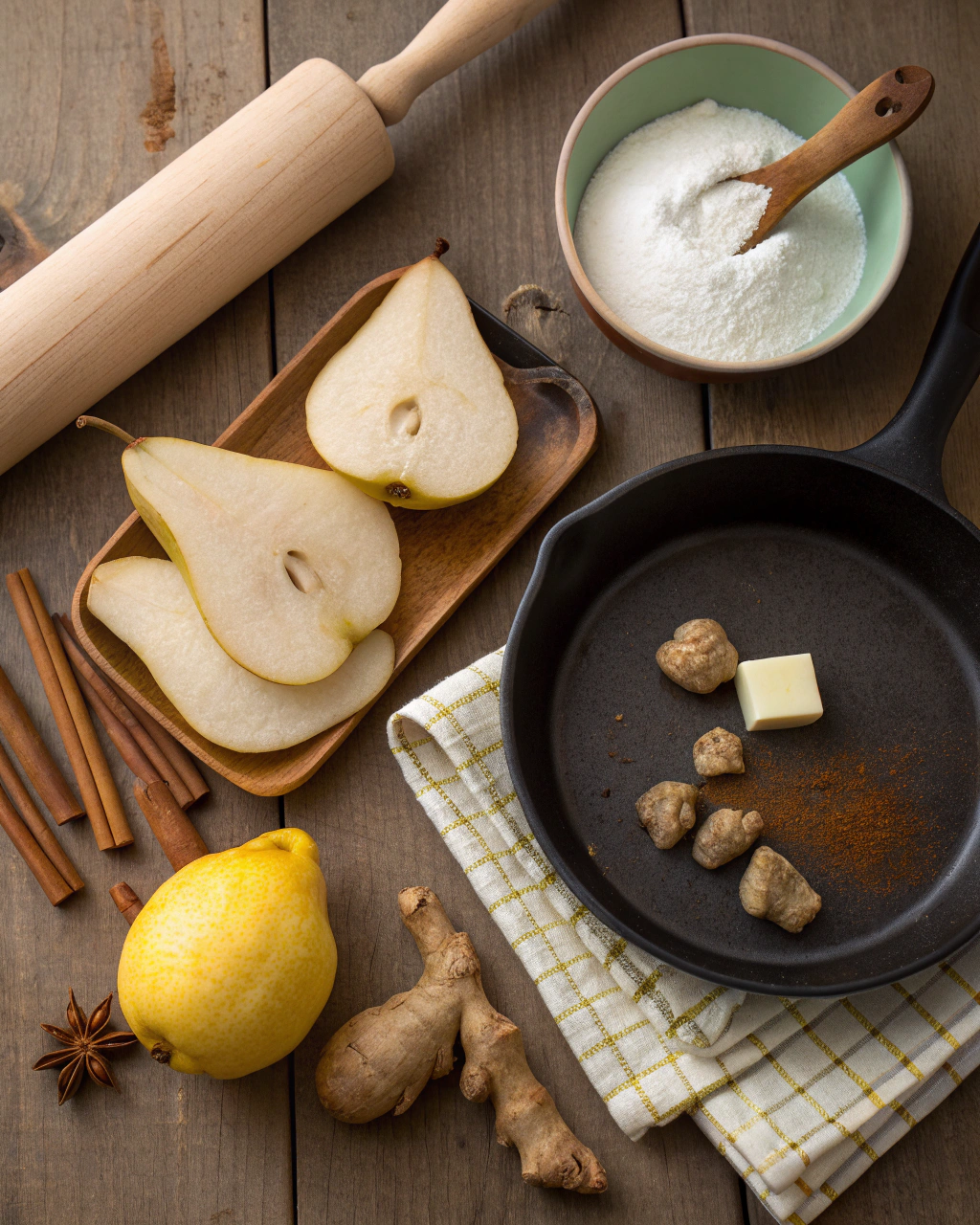 Fresh ingredients for Pear Tarte Tatin including flour, butter, pears, and spices arranged on a marble countertop