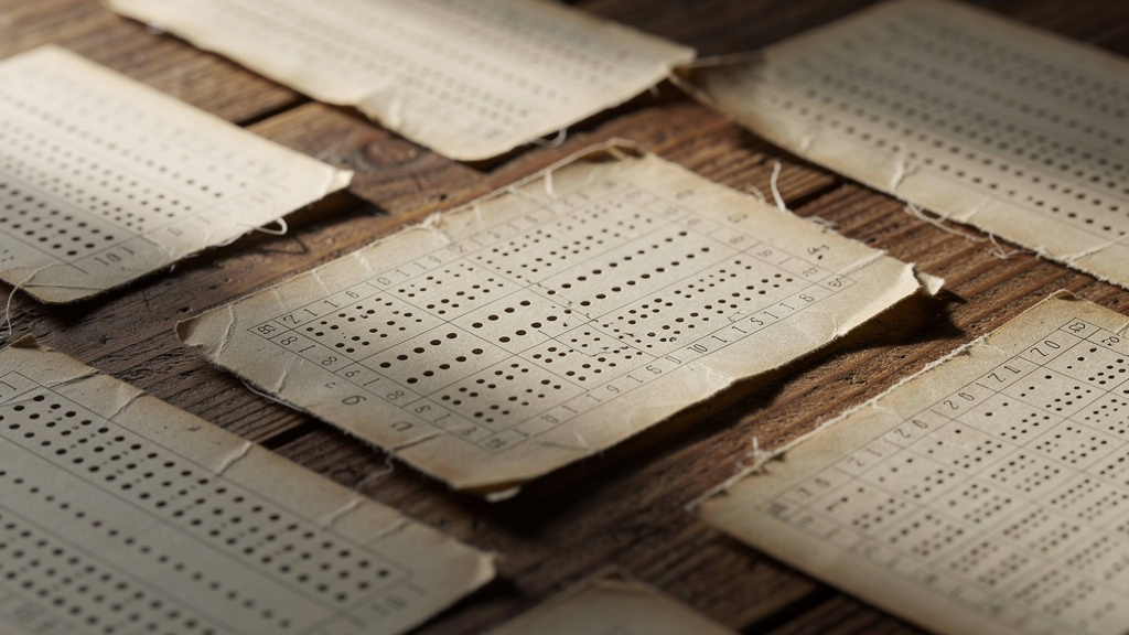 Physical punch cards on wooden surface showing stamps